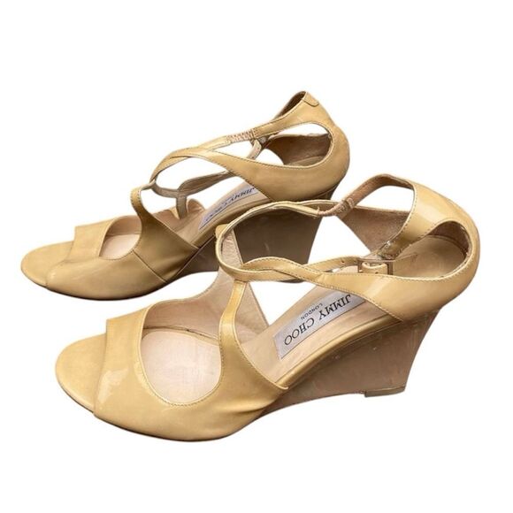 Jimmy Choo beige/nude patent leather wedge strappy sandals Size 8 (38.5) - Picture 4 of 9